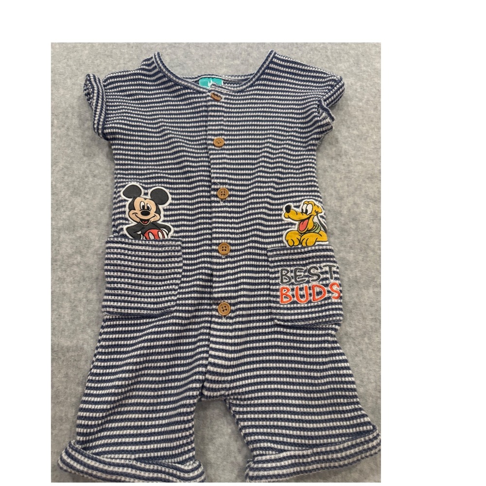 Disney Baby Mickey Mouse Pluto Striped Waffle Knit Romper Navy White 18M